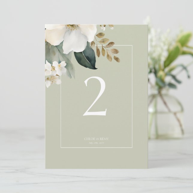 Sage Green Floral Watercolor Wedding Table Number (Standing Front)