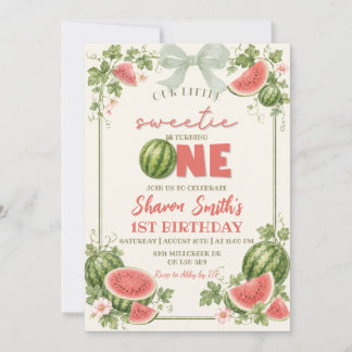 Sage Green Floral Watermelon First Birthday Invitation