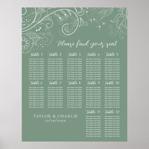 Sage Green Floral Wedding 12 Tables Seating Chart