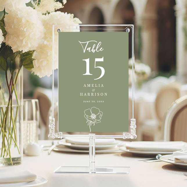 Sage Green Floral Wedding 5x7 Table Number (Sage Green Floral Wedding 5x7 Table Number with Line Art Flower, Couple Names, Wedding Date.)