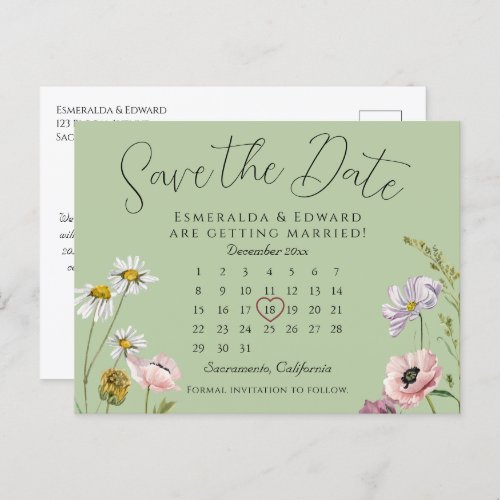 Sage Green Floral Wedding Calendar Save The Date Announcement Postcard