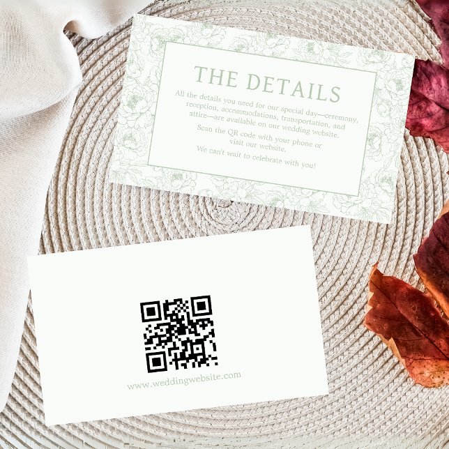 Sage Green Floral Wedding Details Card (Sage Green Minimalist Floral Wedding Details Card with QR Code)