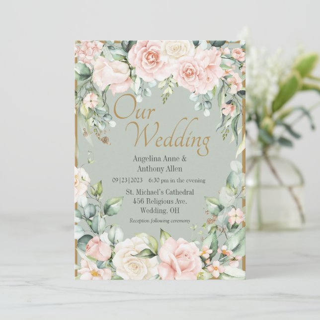 Sage Green Floral Wedding Invitation (Standing Front)