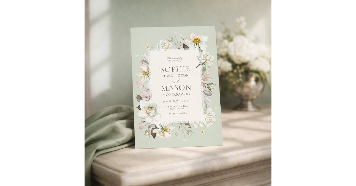 Sage Green Floral Wedding Invitation | Zazzle