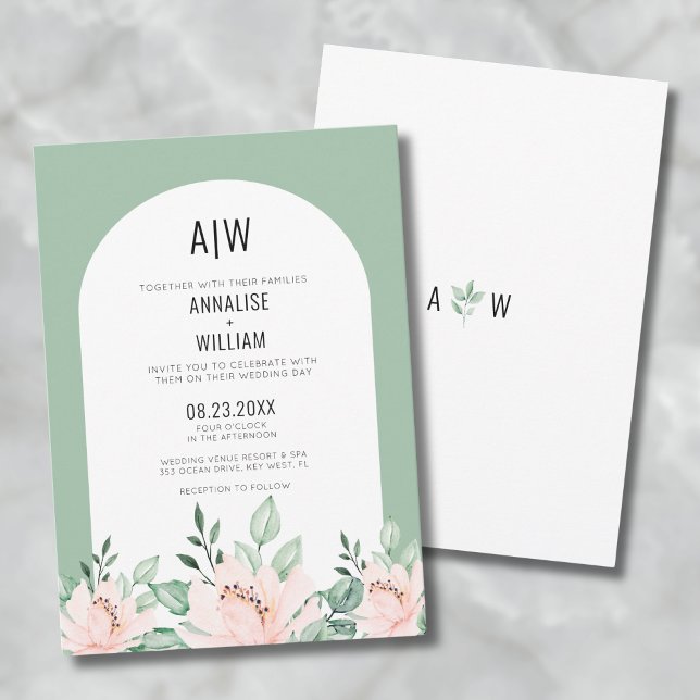 Sage Green Floral Wedding Invitation (Sage Green Arch Floral Wedding Invitation)