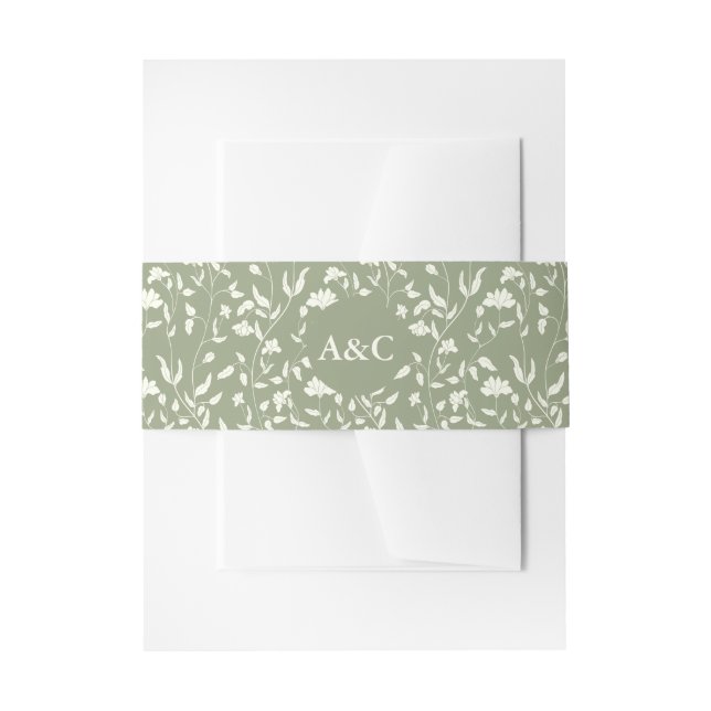 Sage green Floral Wedding Invitation Belly Band (Front Example)