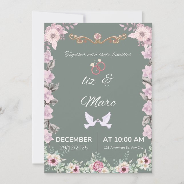  Sage Green Floral Wedding Invitation Card (Front)
