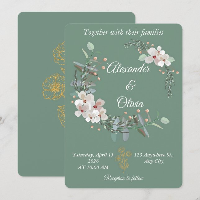 Sage Green Floral Wedding Invitation Editable (Front/Back)