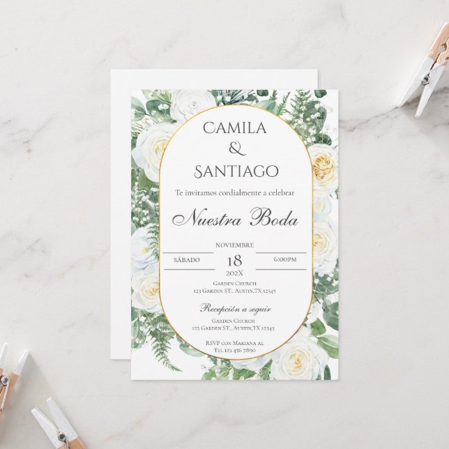 Sage Green Floral wedding invitation in Spanish (Front/Back In Situ)