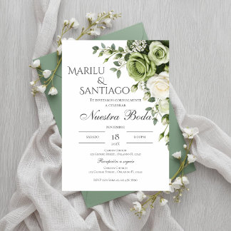 Sage Green Floral wedding invitation in Spanish