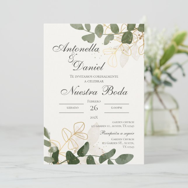 Sage Green Floral Wedding Invitation in Spanish (Standing Front)