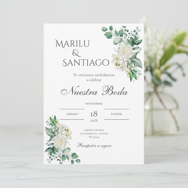 Sage Green Floral wedding invitation in Spanish (Standing Front)
