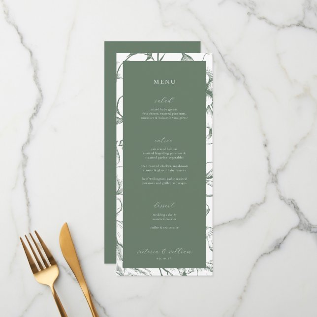 Sage Green Floral Wedding Menu and Thank You (Front/Back In Situ)