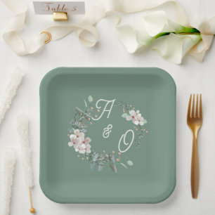 Sage Green Floral Wedding Paper Plates