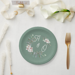 Sage Green Floral Wedding Paper Plates