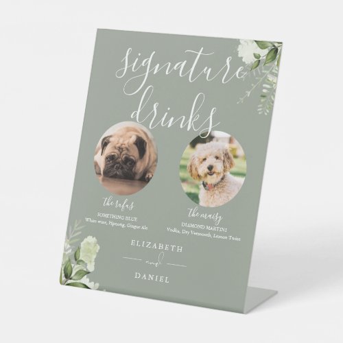 Sage Green Floral Wedding Pet Dog Signature Drinks Pedestal Sign