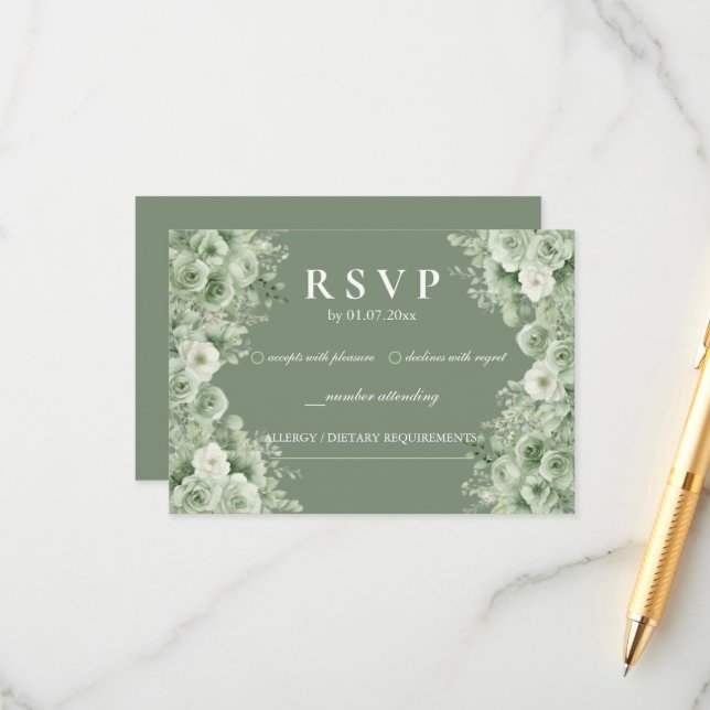 Sage Green Floral Wedding RSVP Response Card (Front/Back In Situ)
