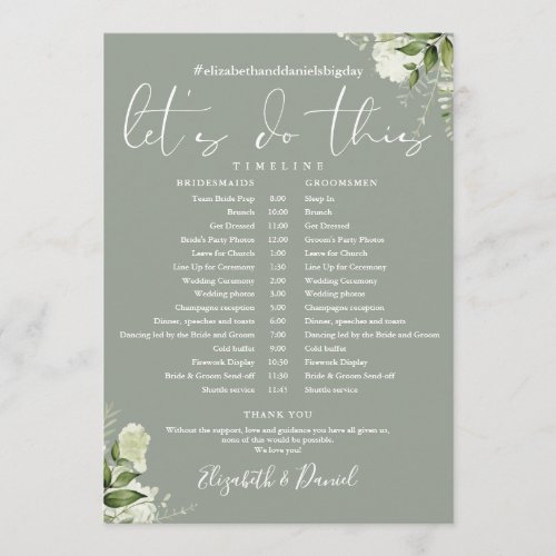 Sage Green Floral Wedding Schedule Timeline Program