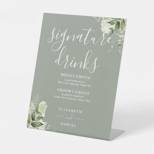 Sage Green Floral Wedding Signature Drinks Pedestal Sign