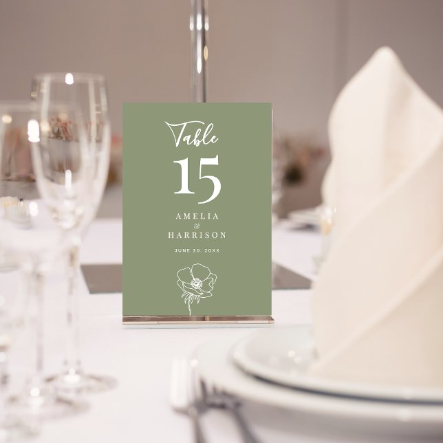 Sage Green Floral Wedding Small Table Number (Sage Green Floral Wedding Small Table Number with Line Art Flower.)