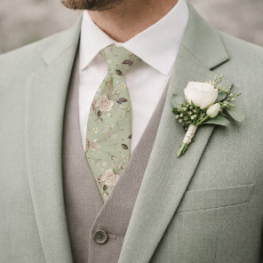 Sage Green Floral Wedding Tie with Vintage Roses