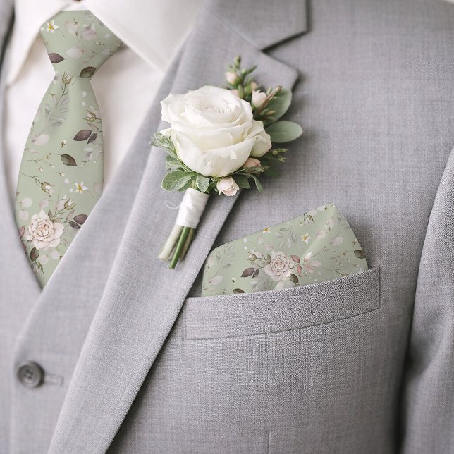 Sage Green Floral Wedding Tie with Vintage Roses, Adult Unisex, Size: Large, Beige/Taupe