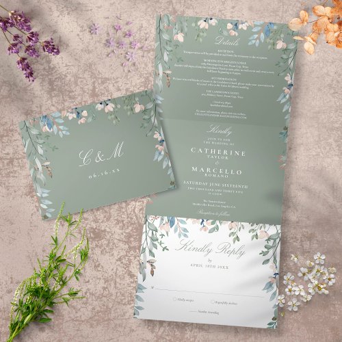 Sage Green Floral Wildflowers Photo Wedding Tri_Fold Invitation
