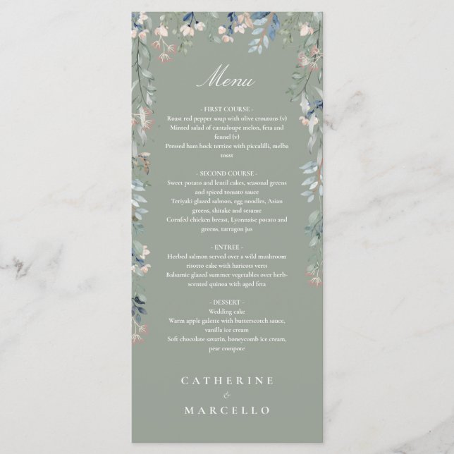 Sage Green Floral Wildflowers Wedding Dinner Menu (Front)