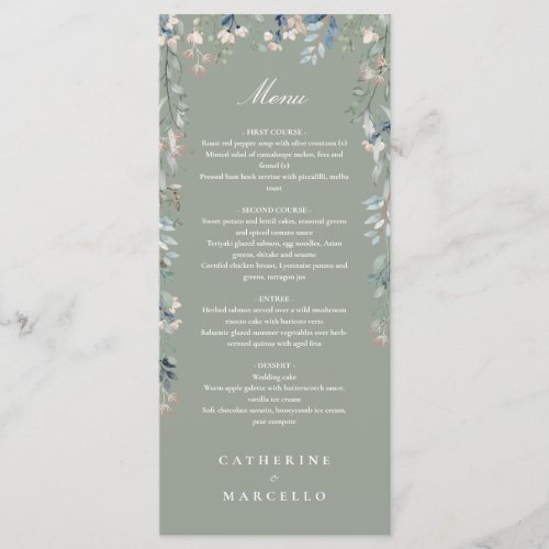 Sage Green Floral Wildflowers Wedding Dinner Menu