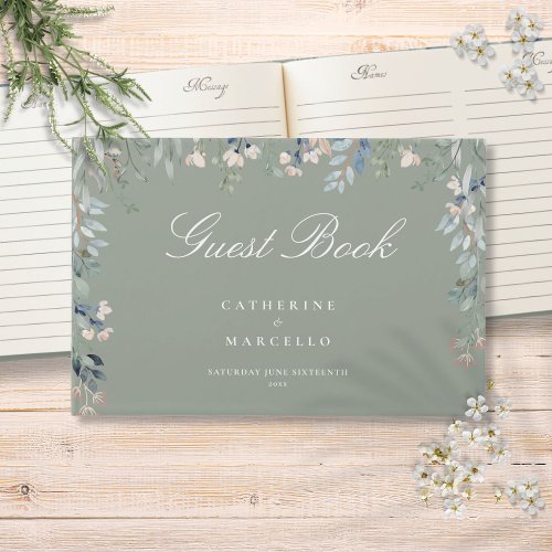 Sage Green Floral Wildflowers Wedding Guest Book