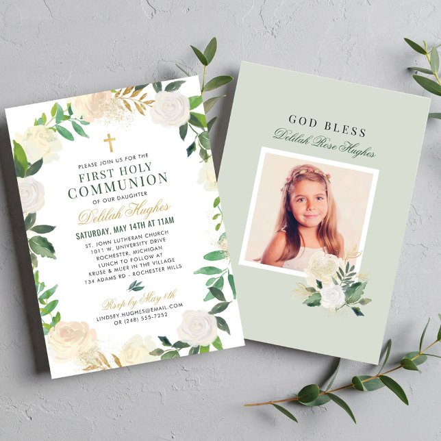 Sage Green Floral Wreath First Communion Girl Invitation (Creator Uploaded)
