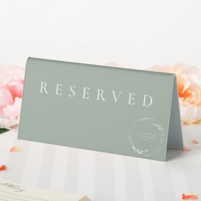 Sage Green Floral Wreath Monogram Custom Reserved Table Tent (In SItu (Wedding))