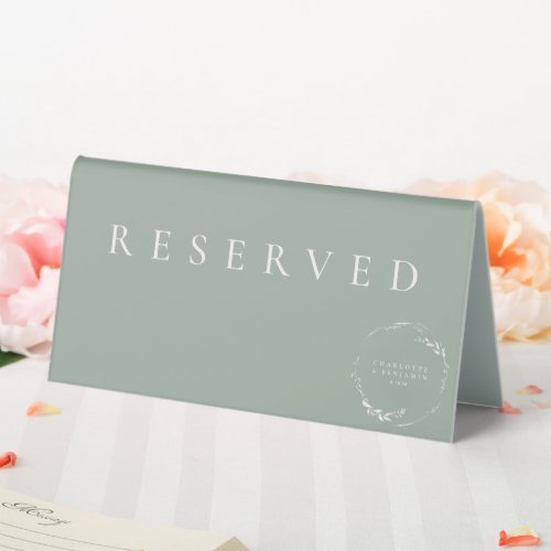 Sage Green Floral Wreath Monogram Custom Reserved Table Tent Sign
