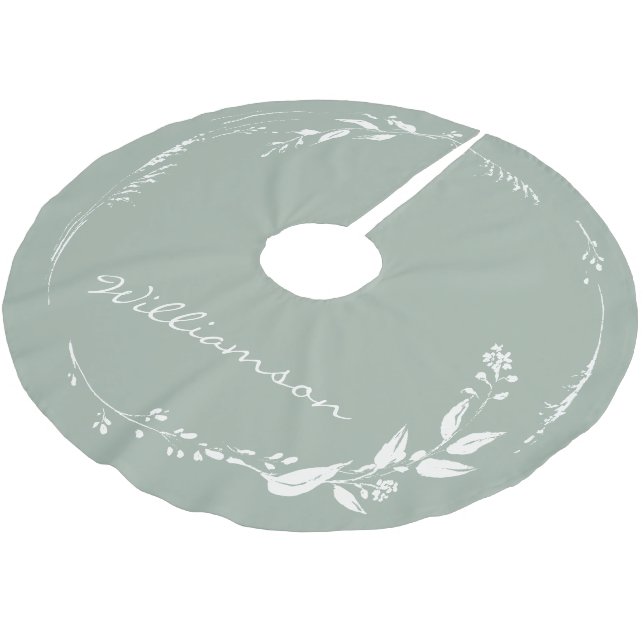 Sage Green Floral Wreath Monogram Personalized  Brushed Polyester Tree Skirt (Angled)
