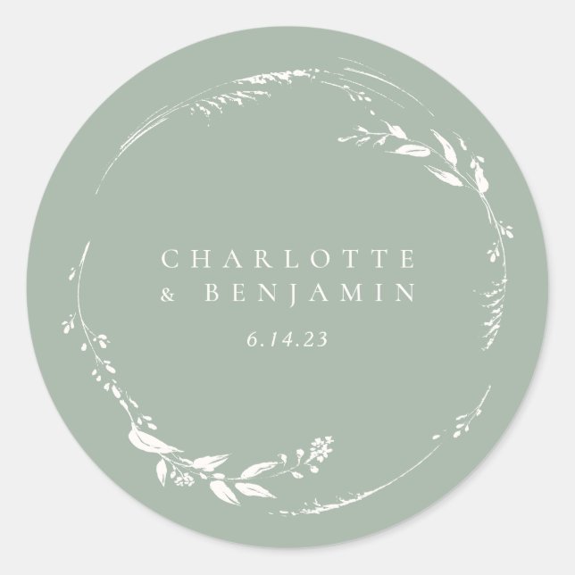 Sage Green Floral Wreath Monogram Personalized Classic Round Sticker (Front)