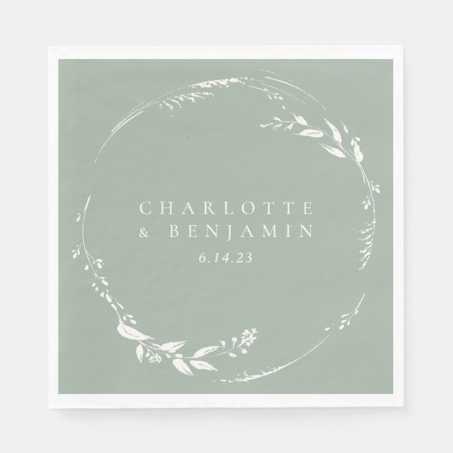 Sage Green Floral Wreath Monogram Personalized Napkins (Front)