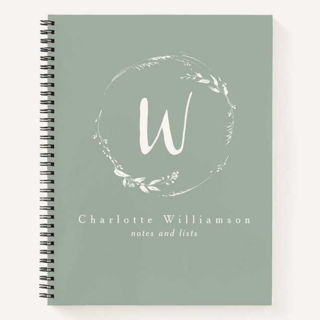 Sage Green Floral Wreath Monogram Personalized Notebook (Front)