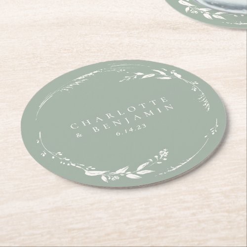 Sage Green Floral Wreath Monogram Personalized  Round Paper Coaster