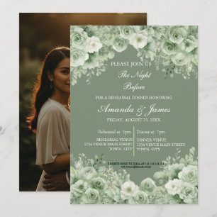 Sage Green Floral Wreath Photo Rehearsal Dinner Invitation