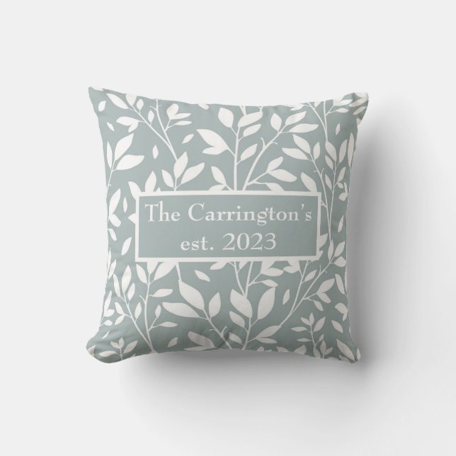 Sage Green Floral Your Name Farmhouse Throw Pillow (Front)