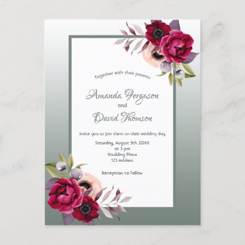 Sage green florals burgundy wedding invitation postcard