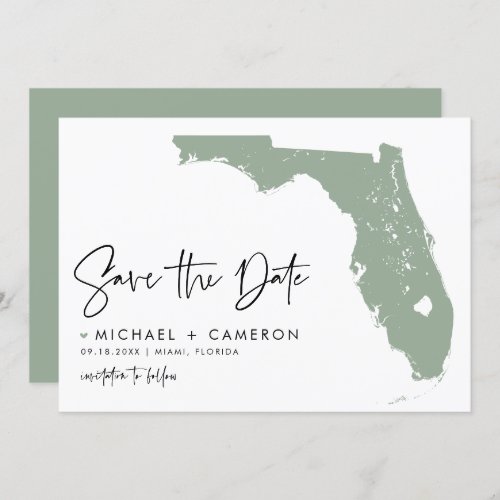 Sage Green Florida Map Modern Minimalist Script Save The Date