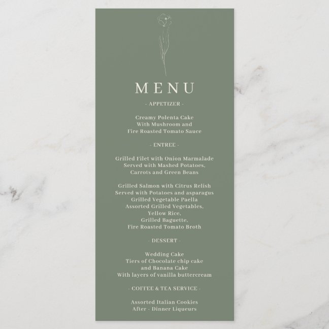 Sage Green Flower Art Wedding Menu