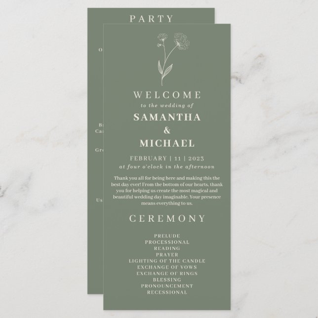 Sage Green Flower Cotton Floral Wedding Program (Front/Back)