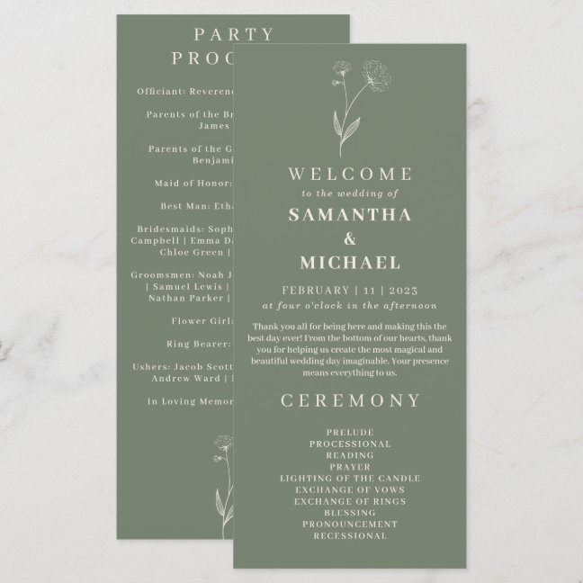 Sage Green Flower Cotton Floral Wedding Program