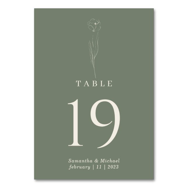 Sage Green Flower Essential Wedding Table Number (Front)