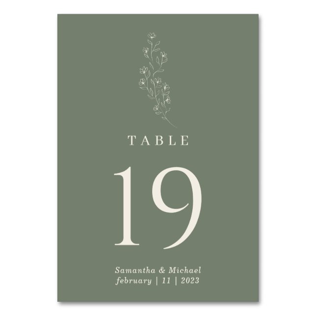 Sage Green Flower Modern Wedding Table Number (Front)
