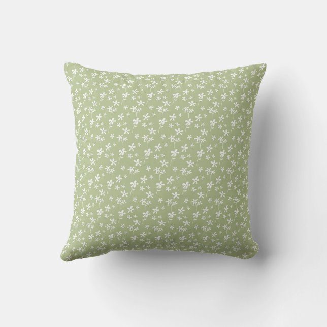 Sage Green Flower Pattern, Flowers Fabric Throw Pillow (Back)