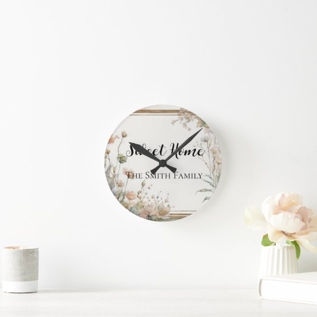 sage green flower - text personalized round clock (Home)