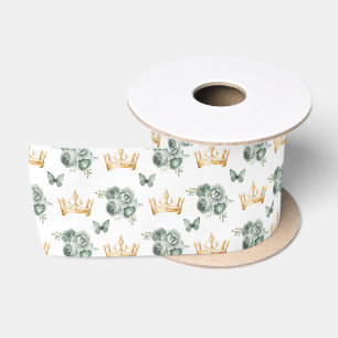 Sage Green Flowers and Gold Crowns Satin Ribbon